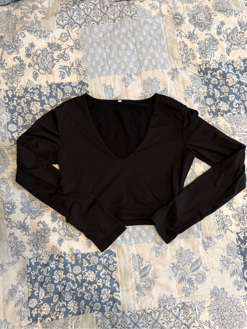 Black V-Neck Cropped Long Sleeve Women's Top